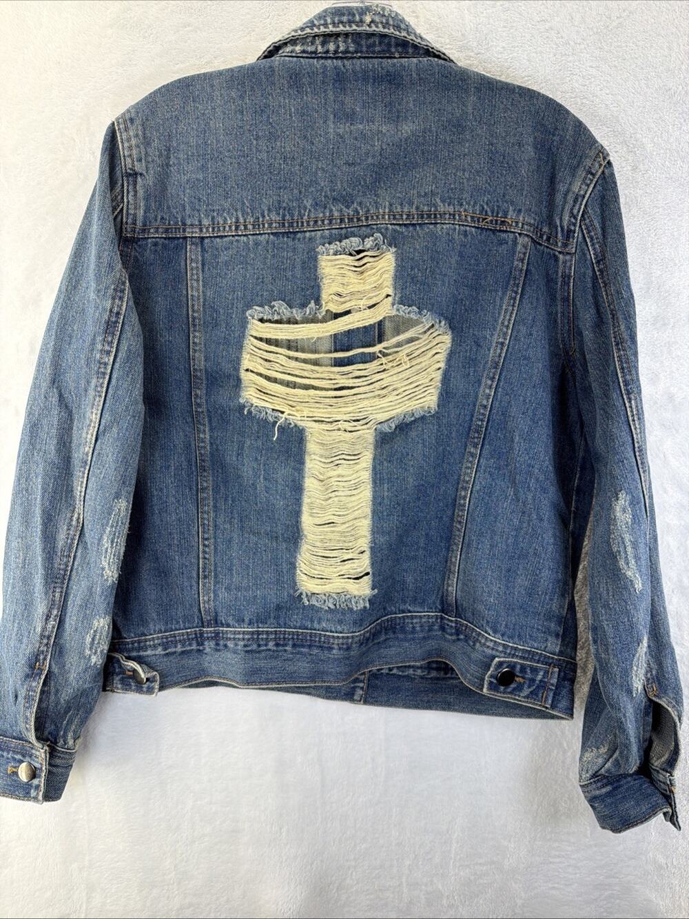 Denim Jean Jacket Mens M Distressed Studded Cross Festival Grunge Punk Rock Med